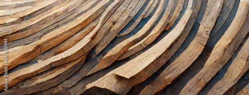 Spiralling Wooden Elegance. A close-up view showcasing the intricate pattern and natural tones of curved wood slats photo