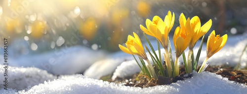 Spring Crocuses Breaking Through Snow. Bright yellow crocuses emerge from the snow, signaling the arrival of spring with sunlight