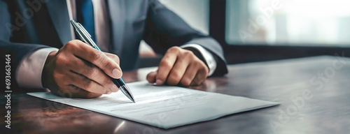 Professional businessman Signing Contract Documents at Working Desk. A close-up of a person's hand signing papers, conveying focus and business acumen photo