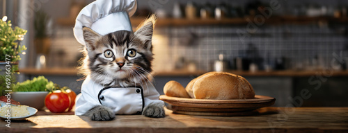 Chef Kitten Ready to Cook in a Kitchen. A playful kitten in a chef's hat sits on the counter surrounded by ingredients and cookware