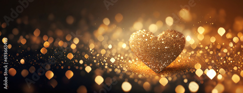 Glowing Heart Amidst Golden Bokeh. Captures a heart shape glowing warmly among sparkling golden lights, symbolizing love and warmth