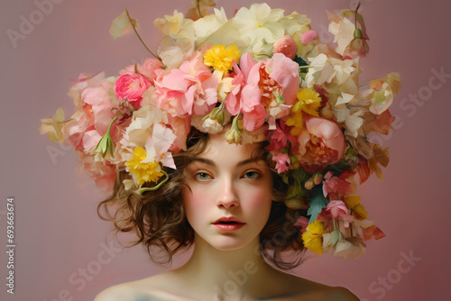 Woman with her head covered with flowers. Mental health, psychological treatment concept. 