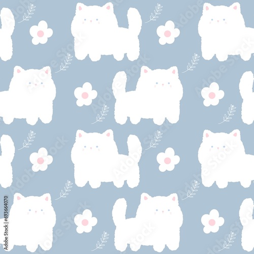 White fluffy kitty cat and flowers pattern on the pastel background	