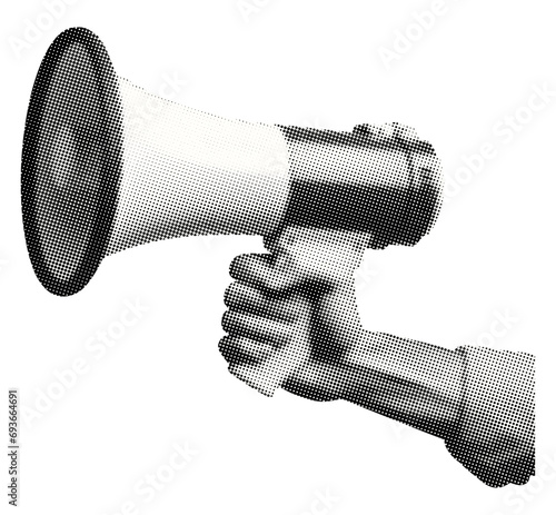 hand holding megaphone loudspeaker isolated retro pop art halftone effect collage element for mixed media dotted texture