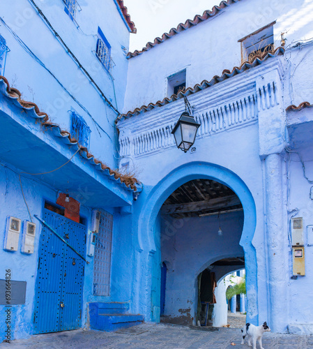 Semicircular arch, in Arabic style, on the blue painted street in the medina of Chefchaouen, Morocco © Vicente Sargues