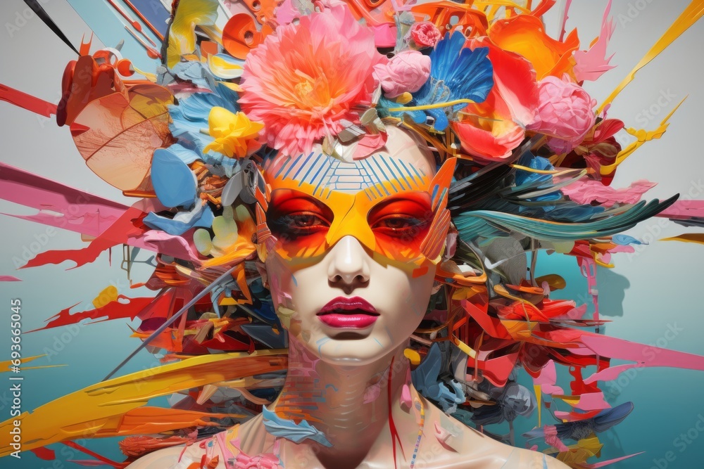 Abstract collage with various multicolored flowers on the girls face, bright juicy art photo with a young girl