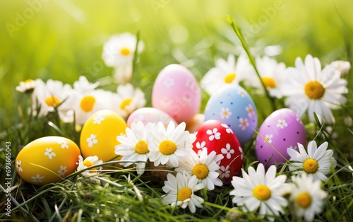 Colorful Easter eggs among daisies in green grass field