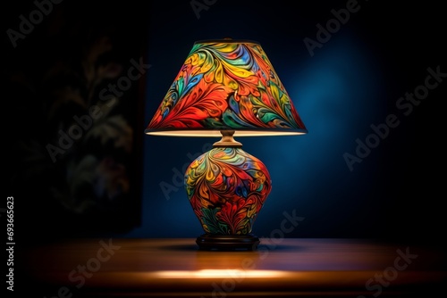 Bright table lamp with a colored lampshade on a dark background photo