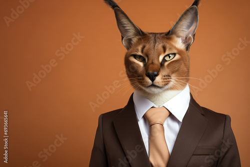 Caracal cat in black business suit on brown background