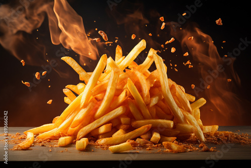 French fries with salt, spices, sauces and cheese. Levitation. Generative AI.