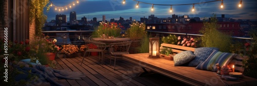 Cozy warm evening on the roof of your house, banner, a terrace with a comfortable sofa and lights and table lamps, banner