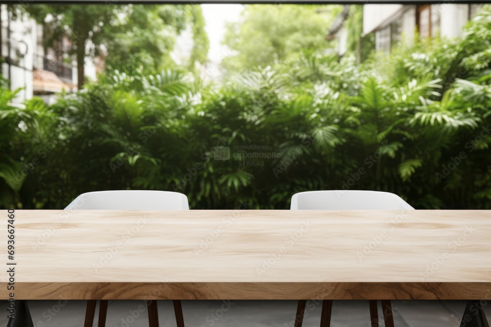 Empty wooden table top in a public place with blurred bright modern interior and ample natural light
