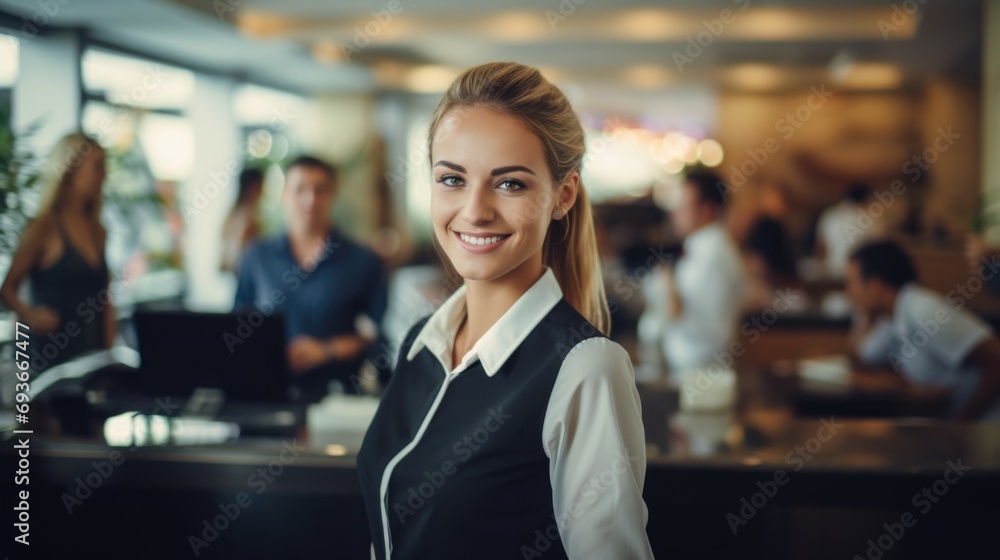 Smiling, young and attractive saleswoman, cashier serving customers. generativ. Smiling, young and attractive saleswoman, cashier serving customers. generativ.