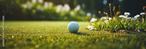 Close-up of a golf ball on a golf course green, an active outdoor game, banner