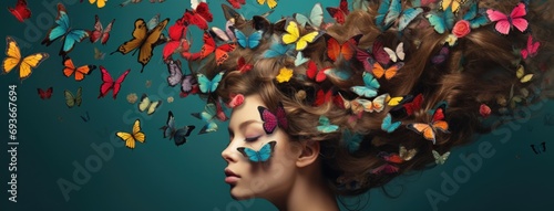 Beautiful woman surrounds many butterfly photo