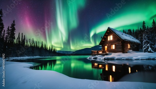 Northern lights (aurora borealis) above lit log cabin at night - scenic, tranquil beauty