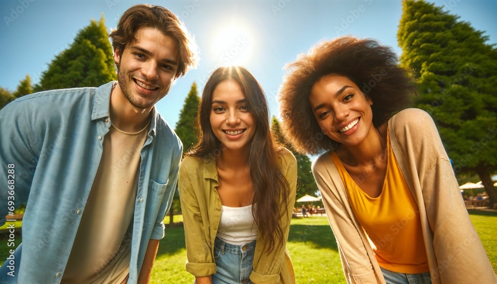 Three young friends hanging out in a park, casual group portrait Three young friends hanging out in a park, casual group portrait
