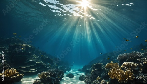 Diving and scuba background in underwater blue abyss, ocean sunlight filtering through
