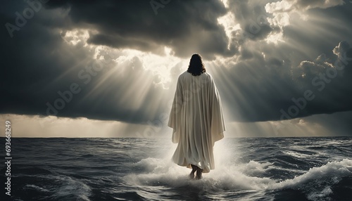 Biblical concept: Jesus traverses stormy sea on foot photo