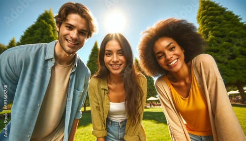 Three young friends hanging out in a park, casual group portrait