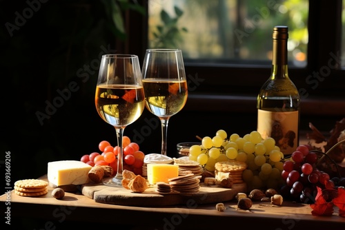 Delectable Appetizers, Artisanal Cheese Platter, Fresh Grapes, and a Glass of Crisp White Wine