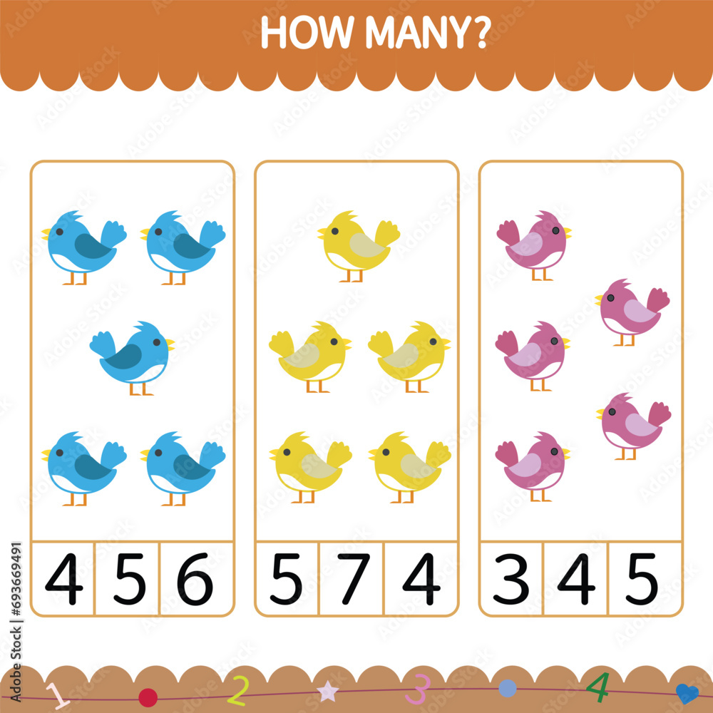  Vector education game for children counting how many cartoon  cute birds