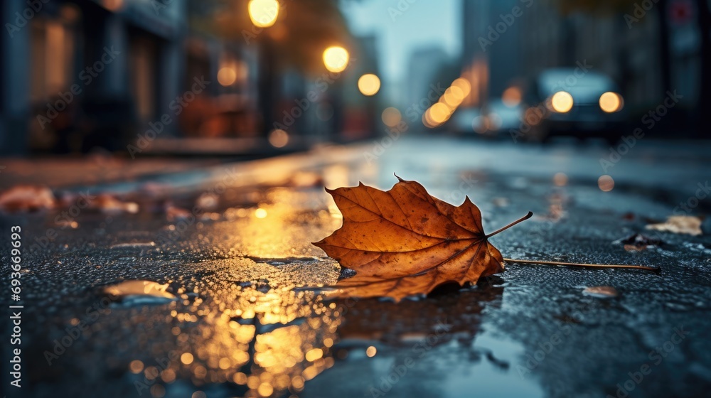 an autumn leaf laying in a wet street, in the style of captivatingly atmospheric cityscapes, lo-fi aesthetics
