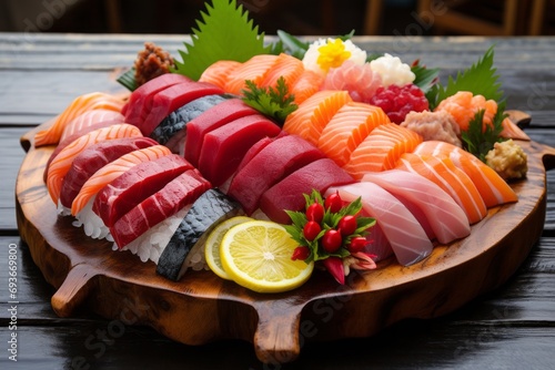 Delectable Sashimi Selection Presented on a Rustic Wooden Tray at a Charming Cafe