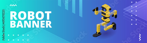 Banner with a dancing robot for printing and design. Vector illustration.