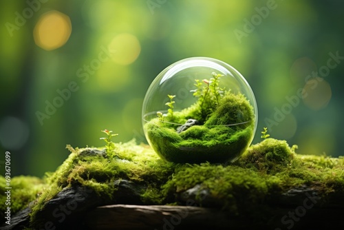 Earth Day. Tranquil Green Globe Embraced by Lush Forest, Moss, and Captivating Defocused Sunlight © Ilja