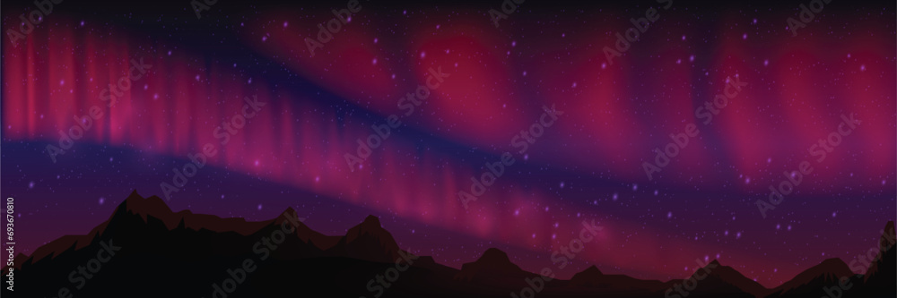 Naklejka premium Red Northern Lights. Northern lights over the mountains. Night sky with aurora. Night winter landscape with aurora. Vector background