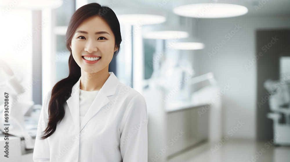 Dentist Woman Smiling While Standing in Dental Clinic Dentist Woman Smiling While Standing in Dental Clinic