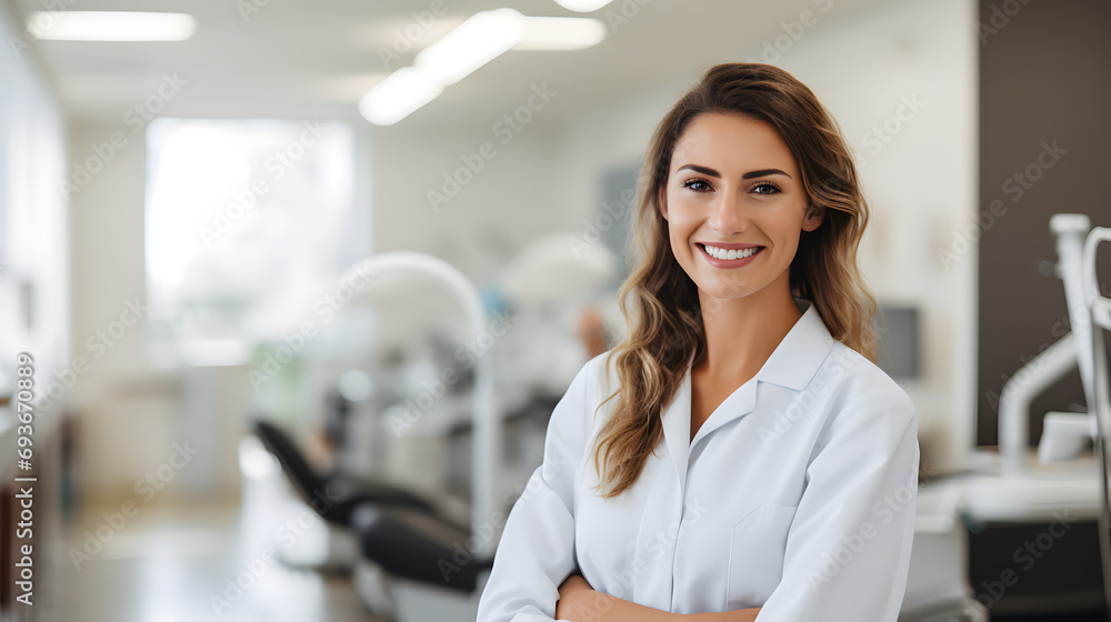 Fototapeta premium Dentist Woman Smiling While Standing in Dental Clinic