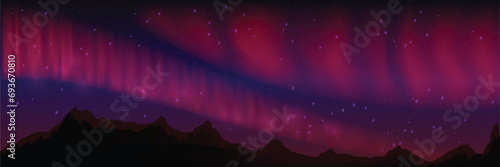 Red Northern Lights. Northern lights over the mountains. Night sky with aurora. Night winter landscape with aurora. Vector background