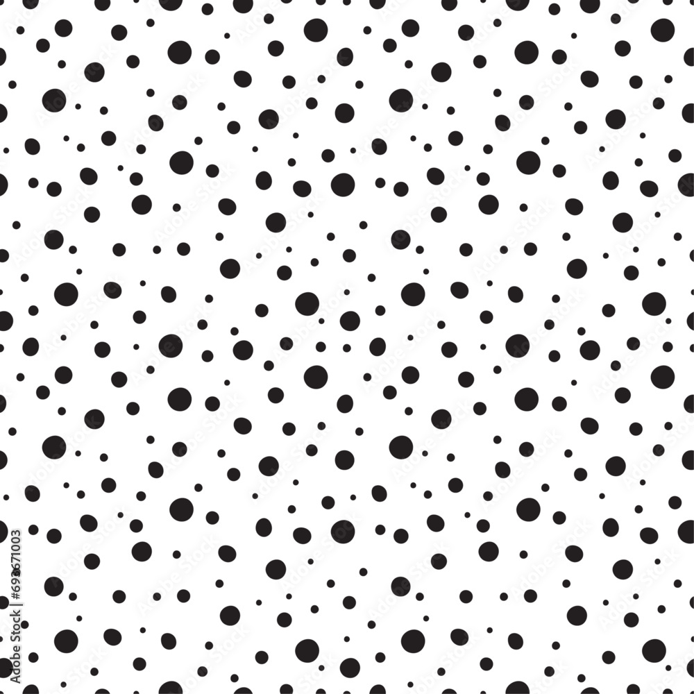 Organic black dots ranging in size on a white background seamless pattern. Stock vector for printing on different surfaces. Organic black dots ranging in size on a white background seamless pattern. Stock vector for printing on different surfaces.