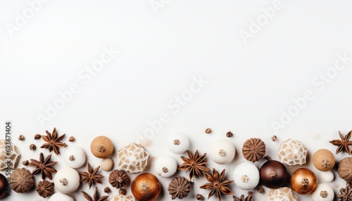 Festive christmas decorations on white background   top view mockup for text placement
