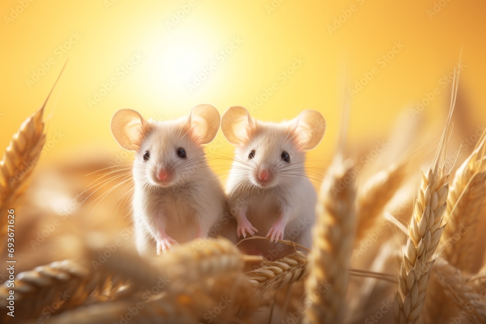 Cute and playful two delightful little mice joyfully exploring a breathtaking wheat field Cute and playful two delightful little mice joyfully exploring a breathtaking wheat field