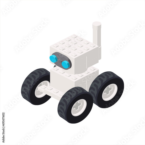 White robot on wheels in isometry. Vector