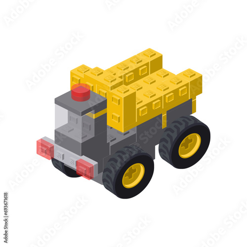 Yellow dump truck in isometry. Vector