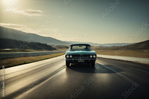 Vintage car cruising along a scenic road. © Kali