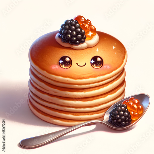 Cartoon pancakes with black and red caviar, smiling, warm light, for cookbooks