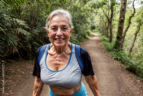 senior lady walking and hiking on a nature trail on a journey with active aging and wellness