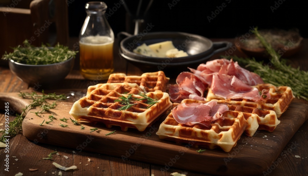 Delectable ham and cheese filled waffles, expertly plated and ready to be savored with delight