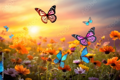 A colorful array of spring butterflies hovering over a meadow of wildflowers