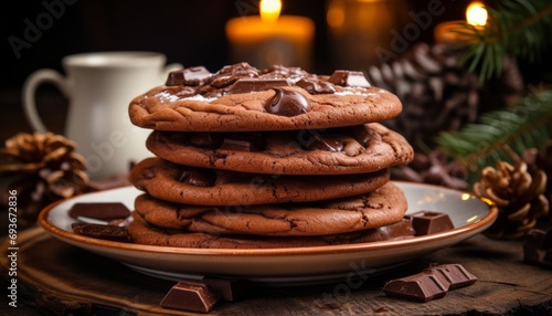 Irresistible chocolate chip cookies with abundant chocolate chips, beautifully plated photo