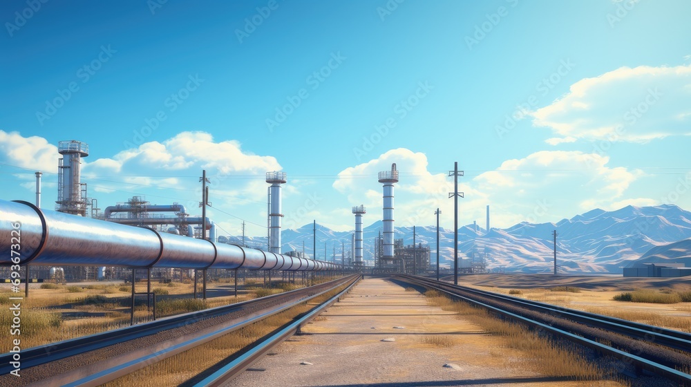 a pipeline and power lines set against the vivid blue sky, emphasizes the structural elements and the contrast between the man-made lines and the natural expanse of the sky. a pipeline and power lines set against the vivid blue sky, emphasizes the structural elements and the contrast between the man-made lines and the natural expanse of the sky.