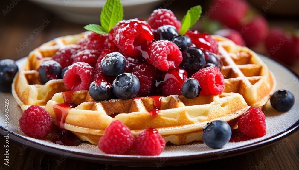 Indulge in the irresistible delight of mouthwatering waffles topped with luscious berries Indulge in the irresistible delight of mouthwatering waffles topped with luscious berries