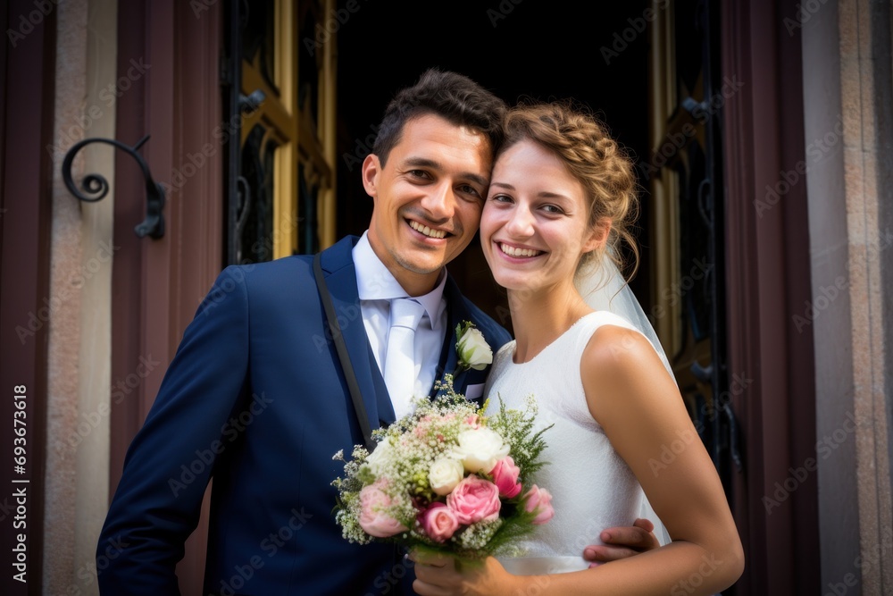 Couple smiling at their wedding at a church