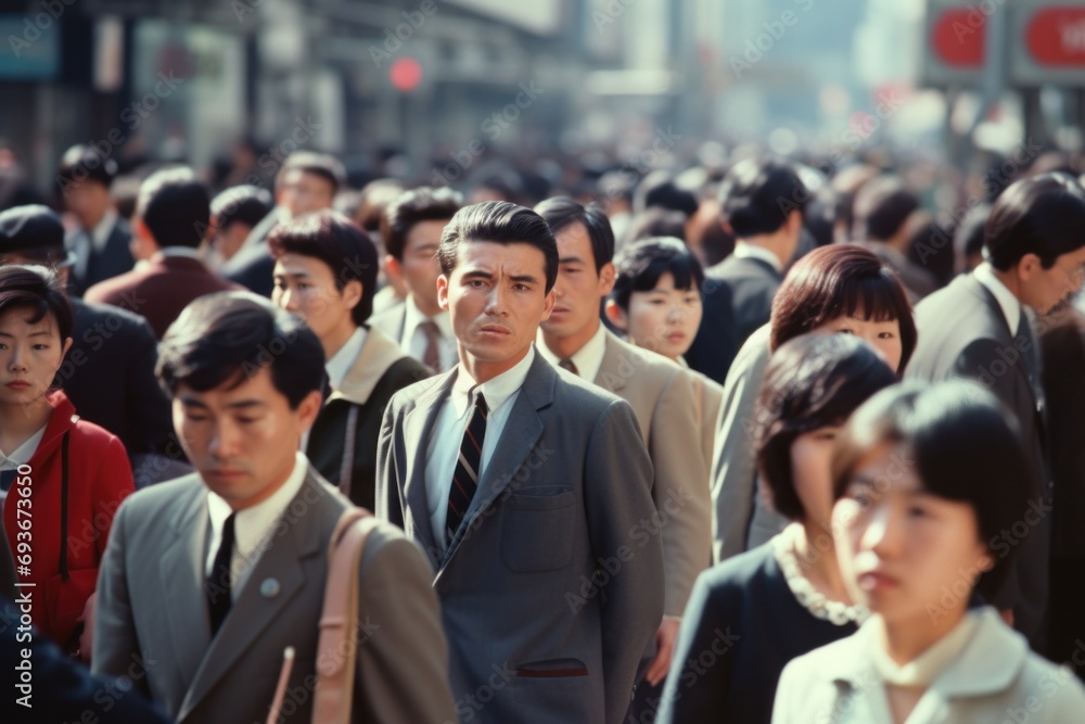 Crowd of Asian people walking street in 1970s Crowd of Asian people walking street in 1970s