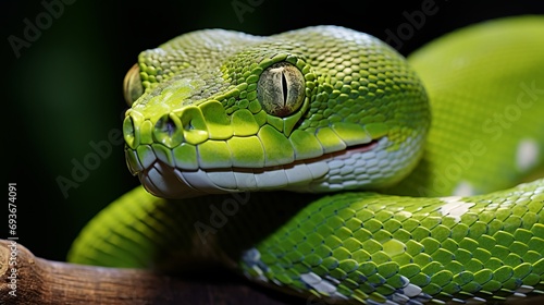 Vibrant green snake coiled on a lush jungle tree branch in detailed macro close up shot